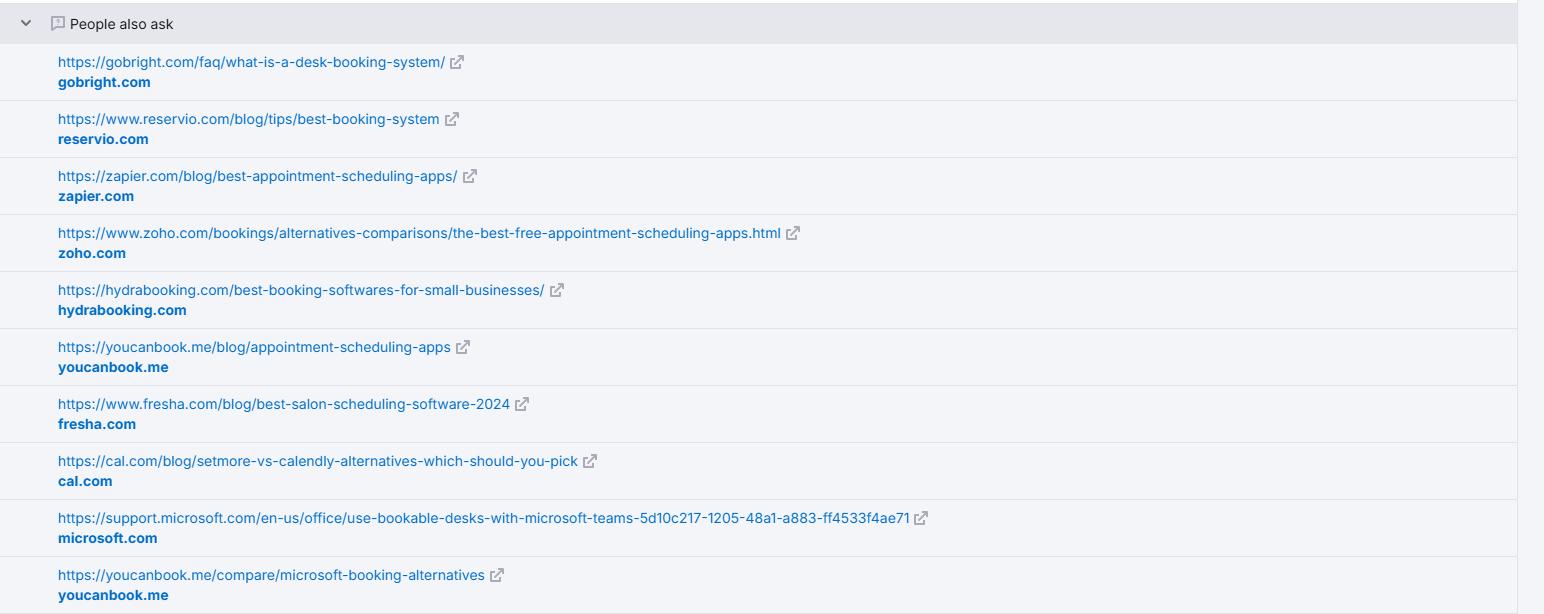 Google People Also Ask box showing questions related to desk booking