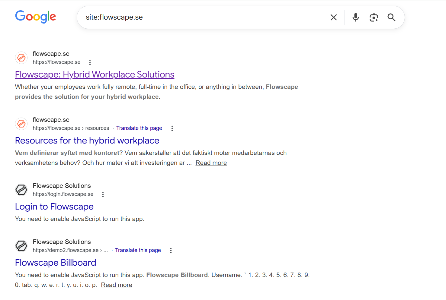 Google site search showing indexed legacy URLs for flowscape.se