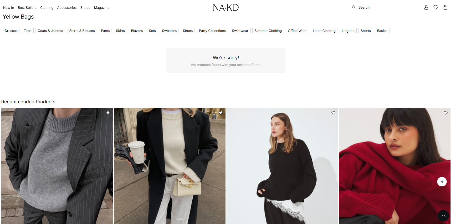 NA-KD Empty Category Page showing irrelevant recommendations